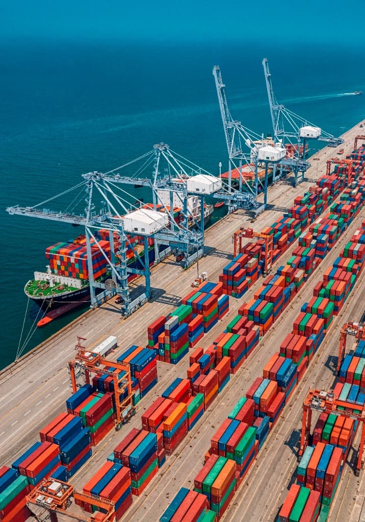Port terminal cranes loading a cargo ship