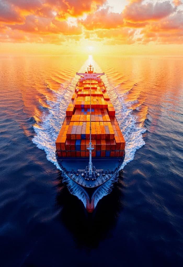 Ocean Network Shipping vessel sailing in sunset