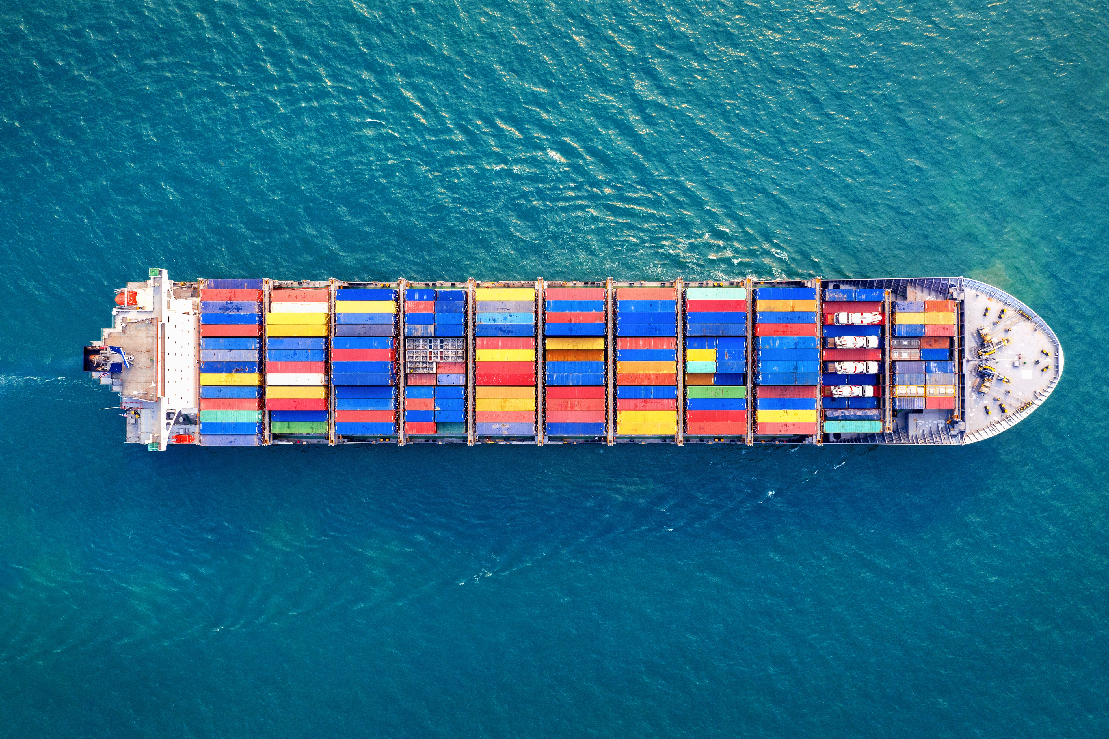 Aerial view of a loaded cargo container ship
